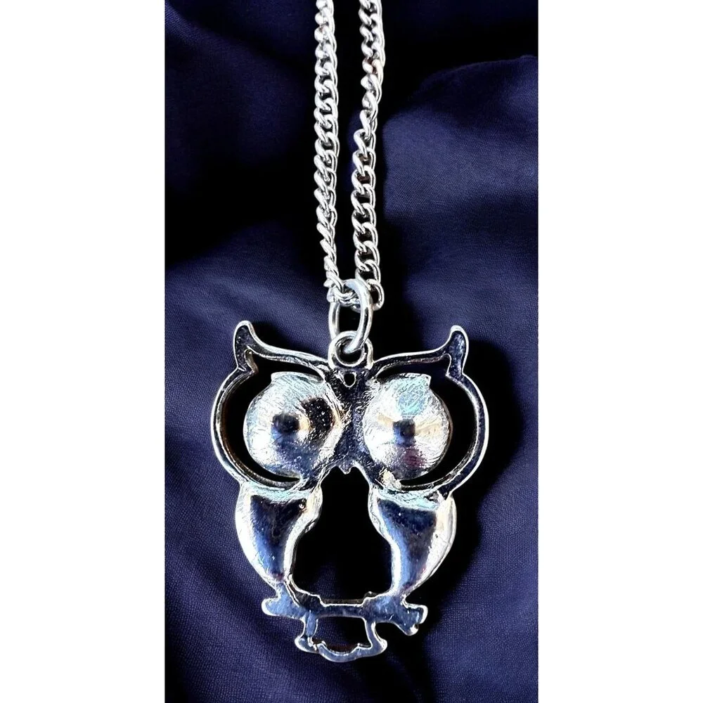 Vintage Owl Necklace Pendant 18 in Chain Extender Black Crystal Eyes Accents EUC